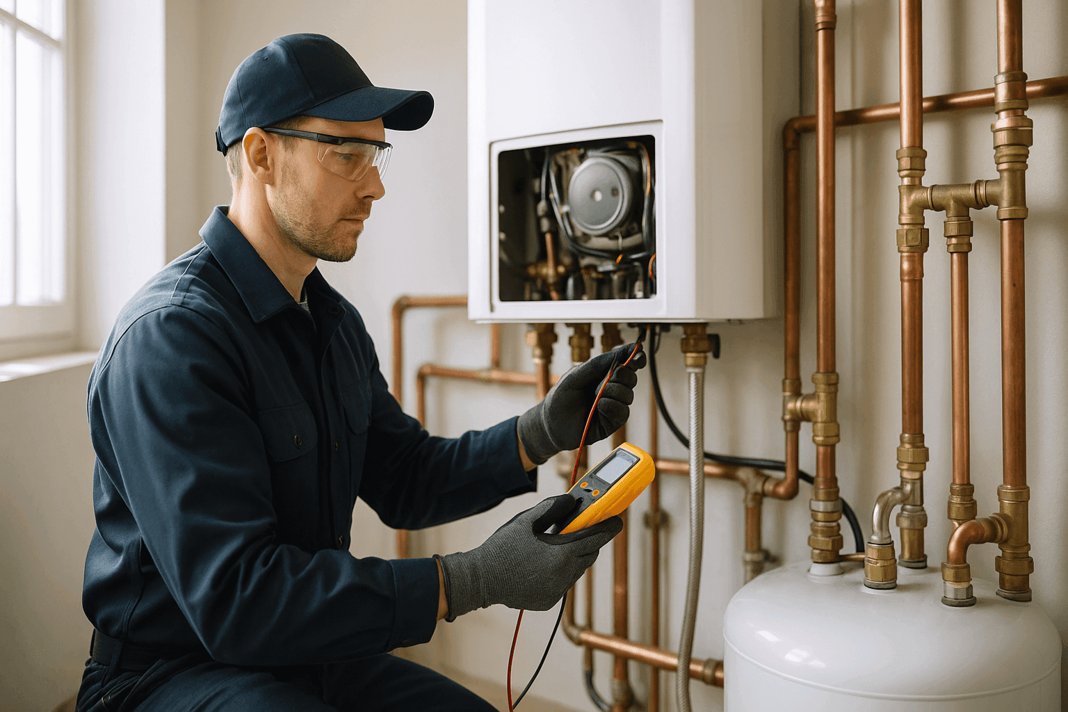 Plumber assessing home boiler system with diagnostic tools