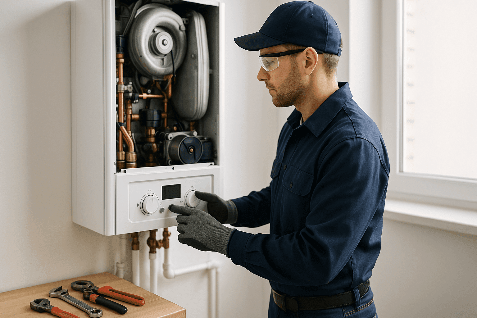 Plomero inspeccionando una caldera residencial para reparaciones