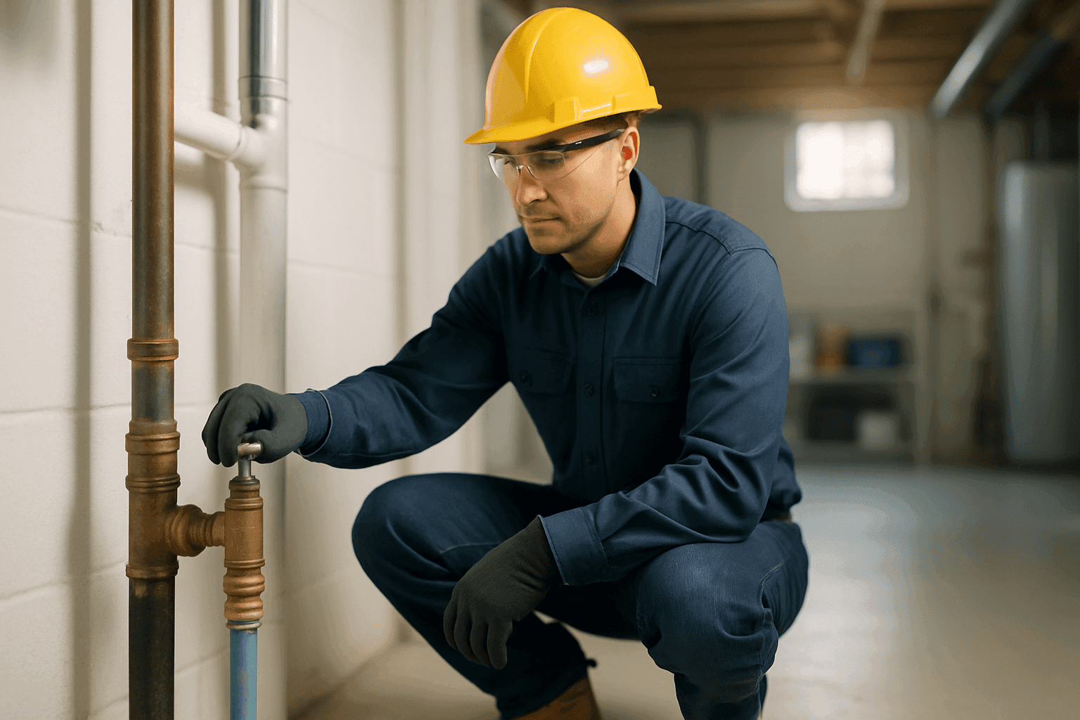 Technician shutting off main water valve in basement