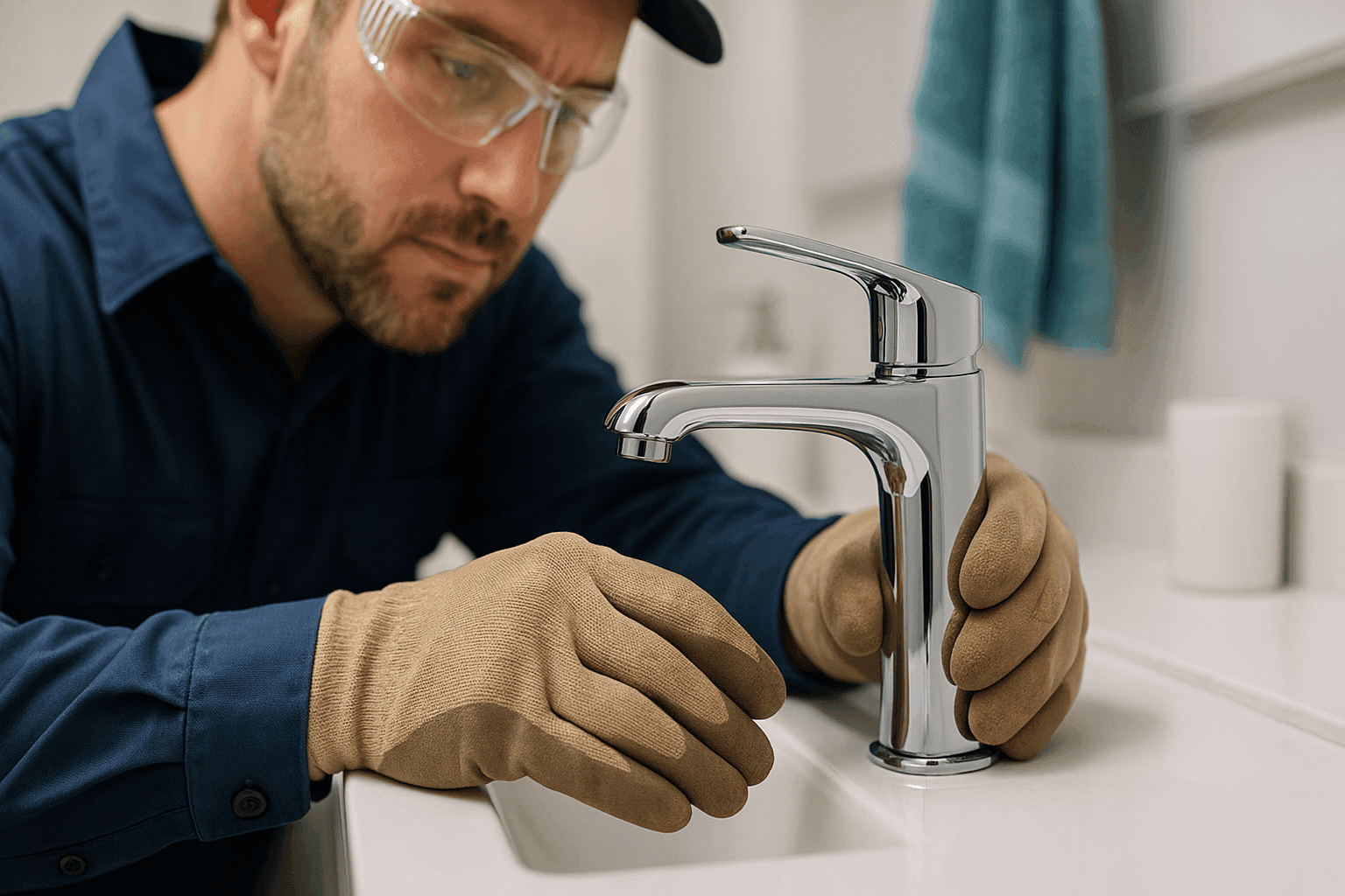 Plumber installing modern faucet in bathroom sink