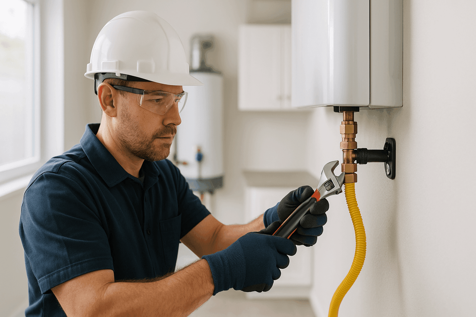 Plumber installing new gas line in home utility room