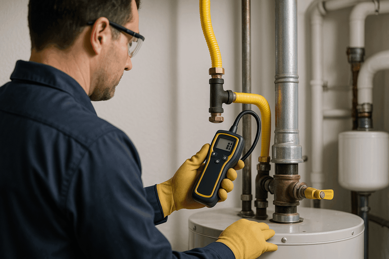 Technician testing gas line connections in home utility room