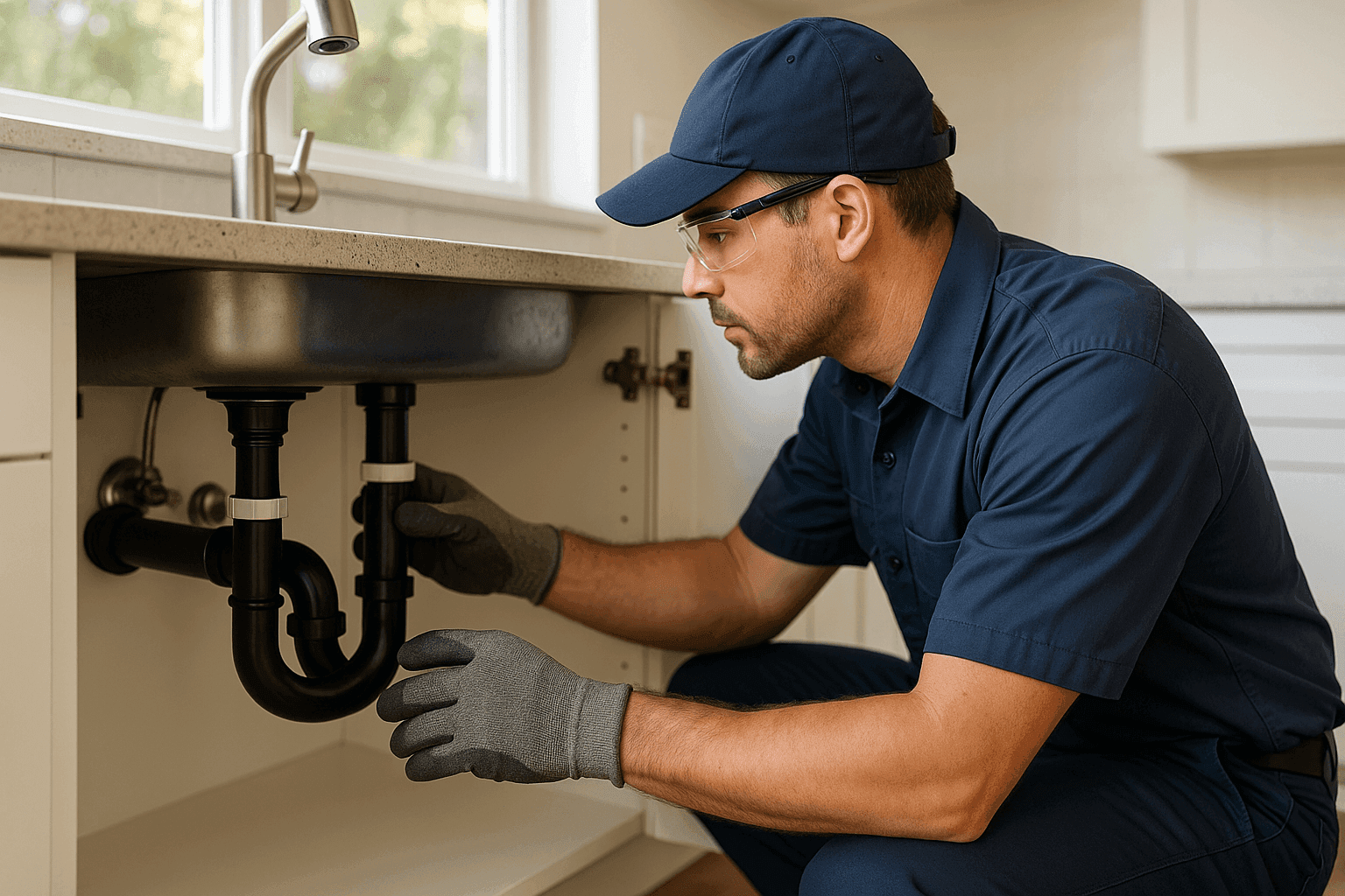 Plumber inspecting pipes beneath kitchen sink