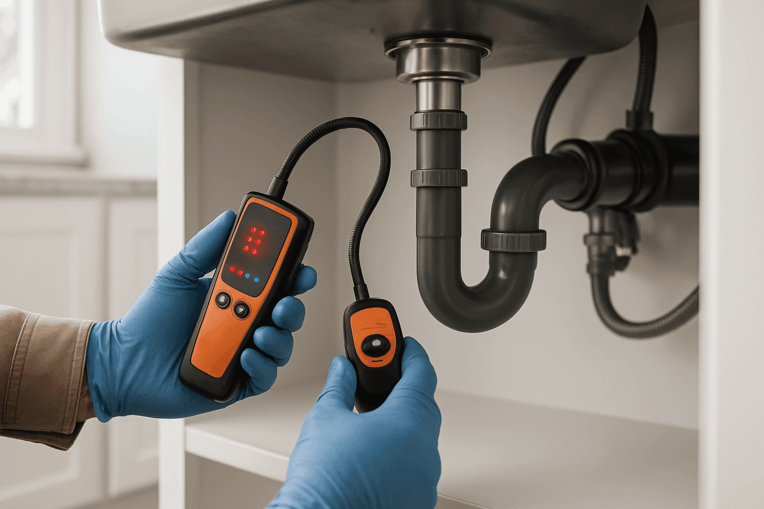 Homeowner using leak detection tool under kitchen sink