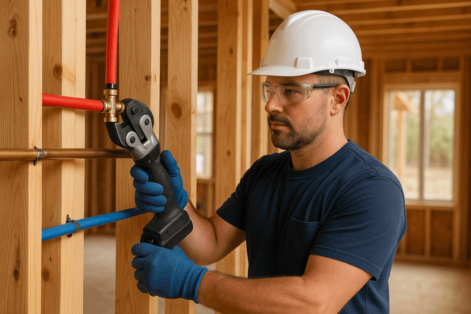 Plumber installing pipes in home under construction
