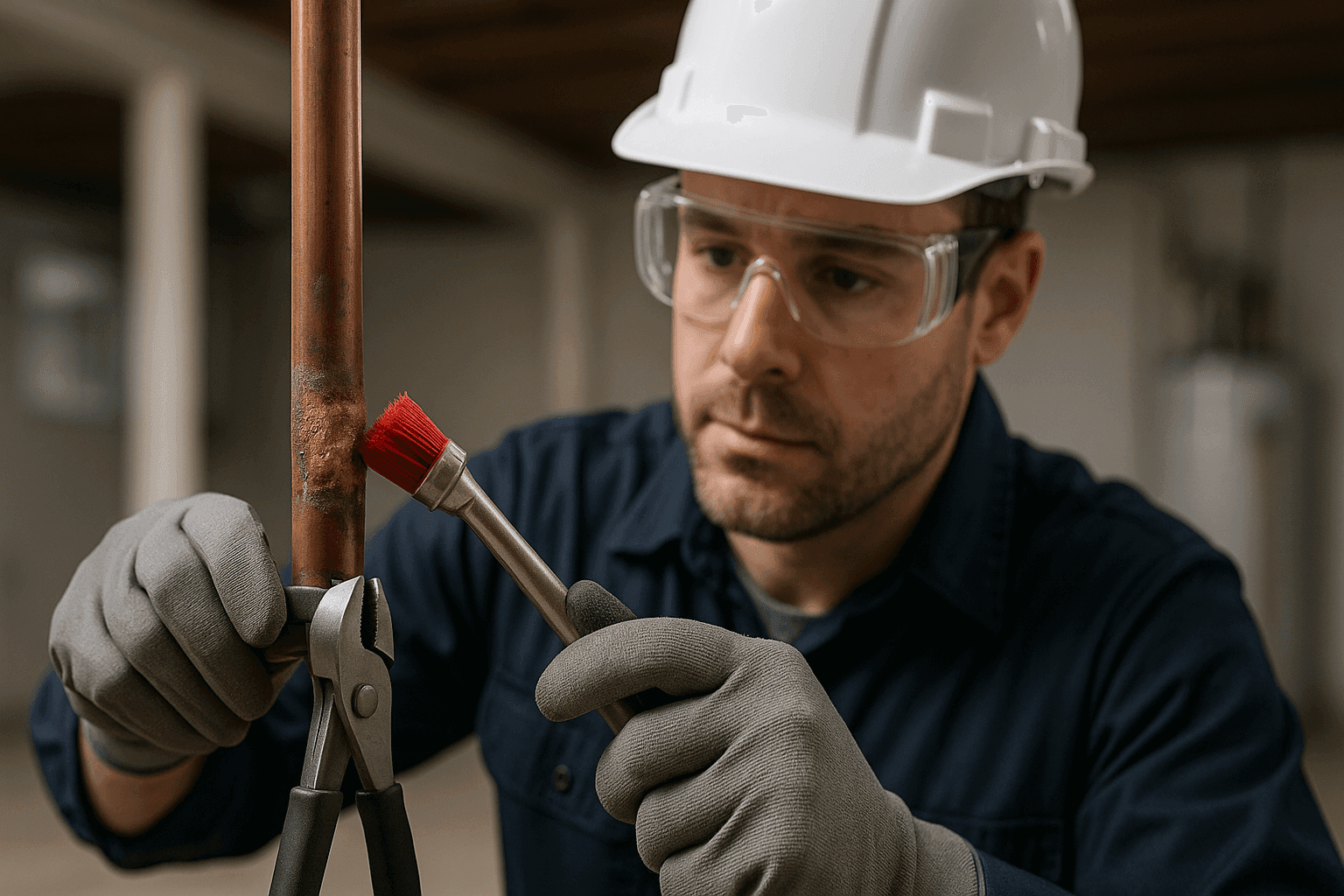 Plumber repairing copper pipe with corrosion in basement