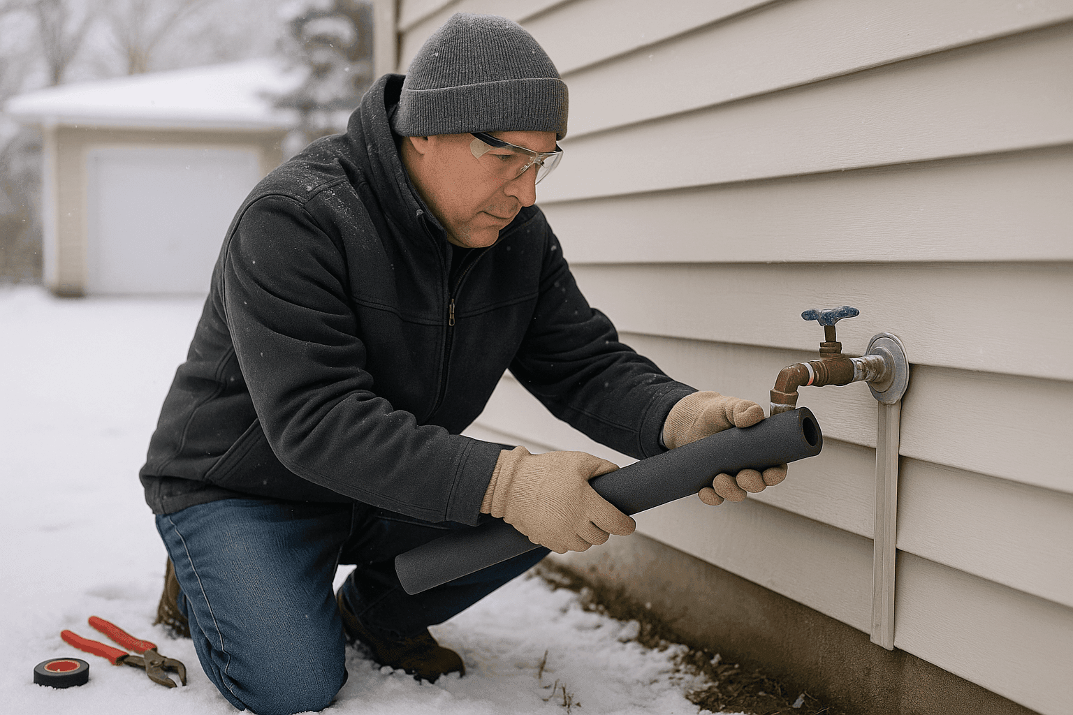 Homeowner insulating outdoor plumbing pipes to prevent freezing in winter