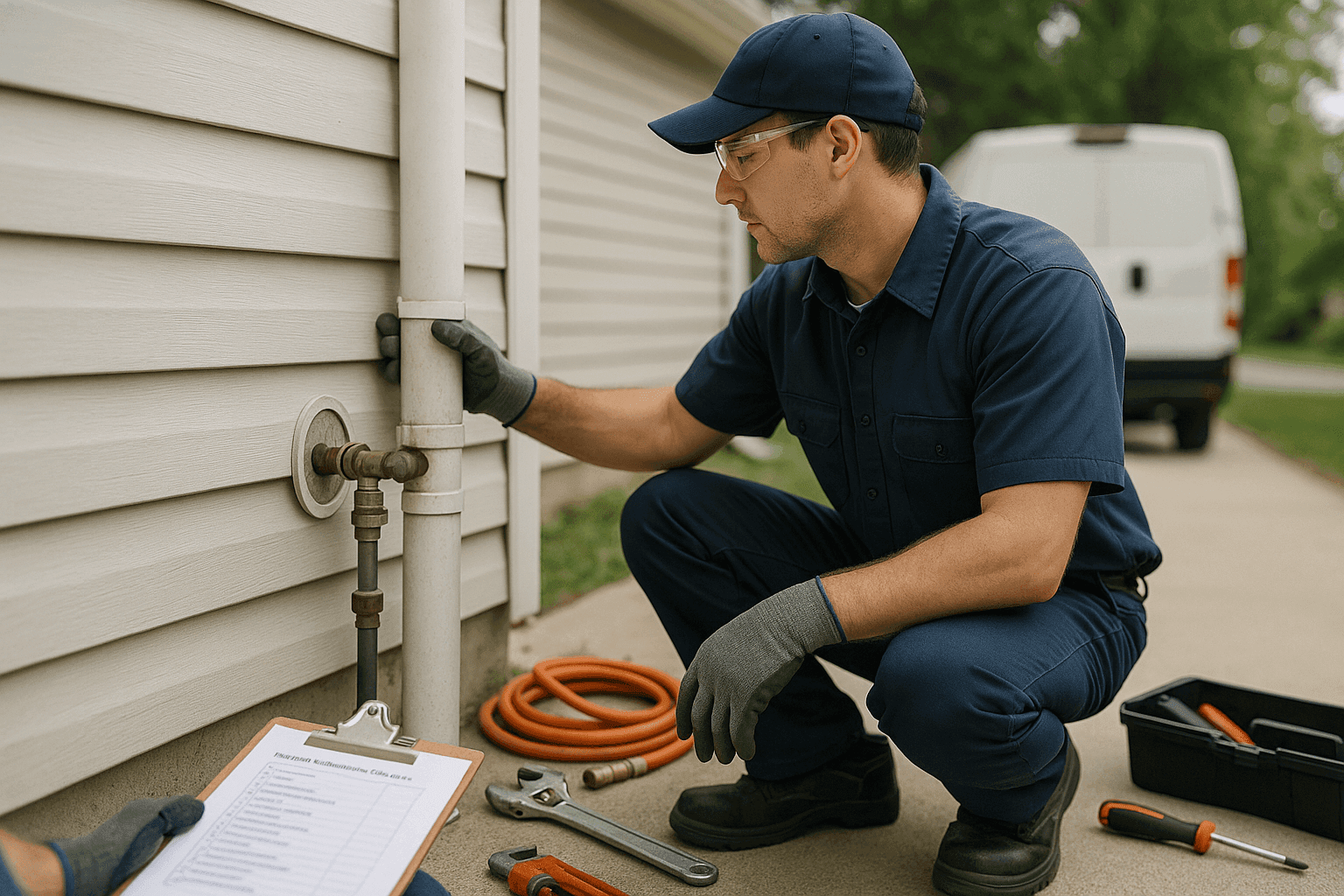 Professional plumber performing seasonal plumbing maintenance inspection in a home