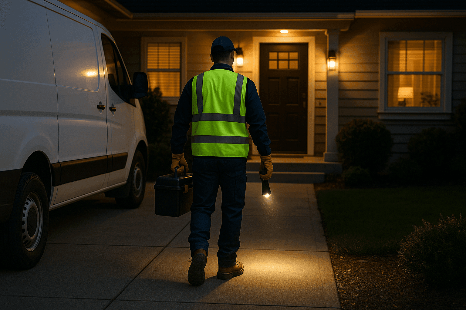 Plumber arriving for emergency call at night