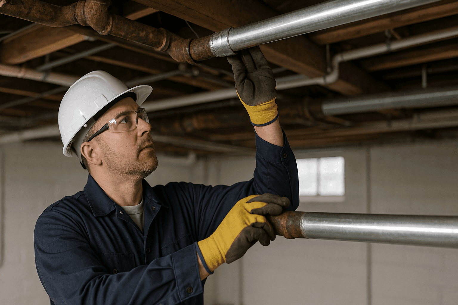 Plumber replacing old pipes in basement ceiling