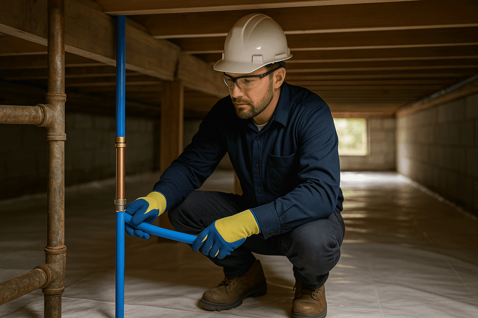 Plumber replacing old pipes in residential crawlspace