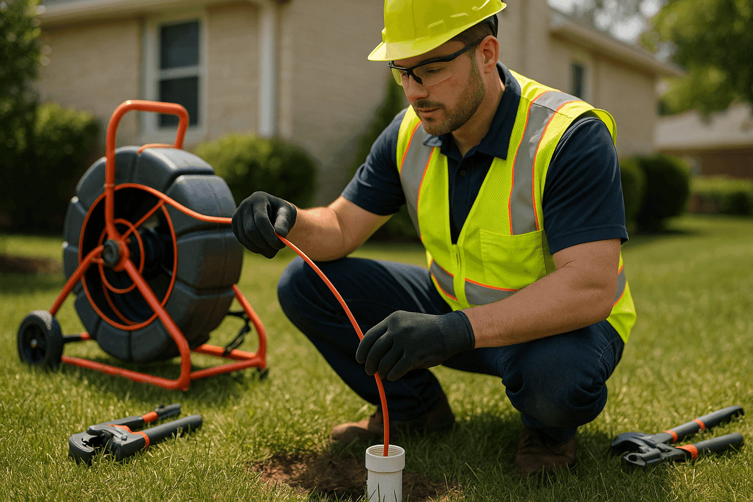 Plumber using sewer inspection camera outdoors