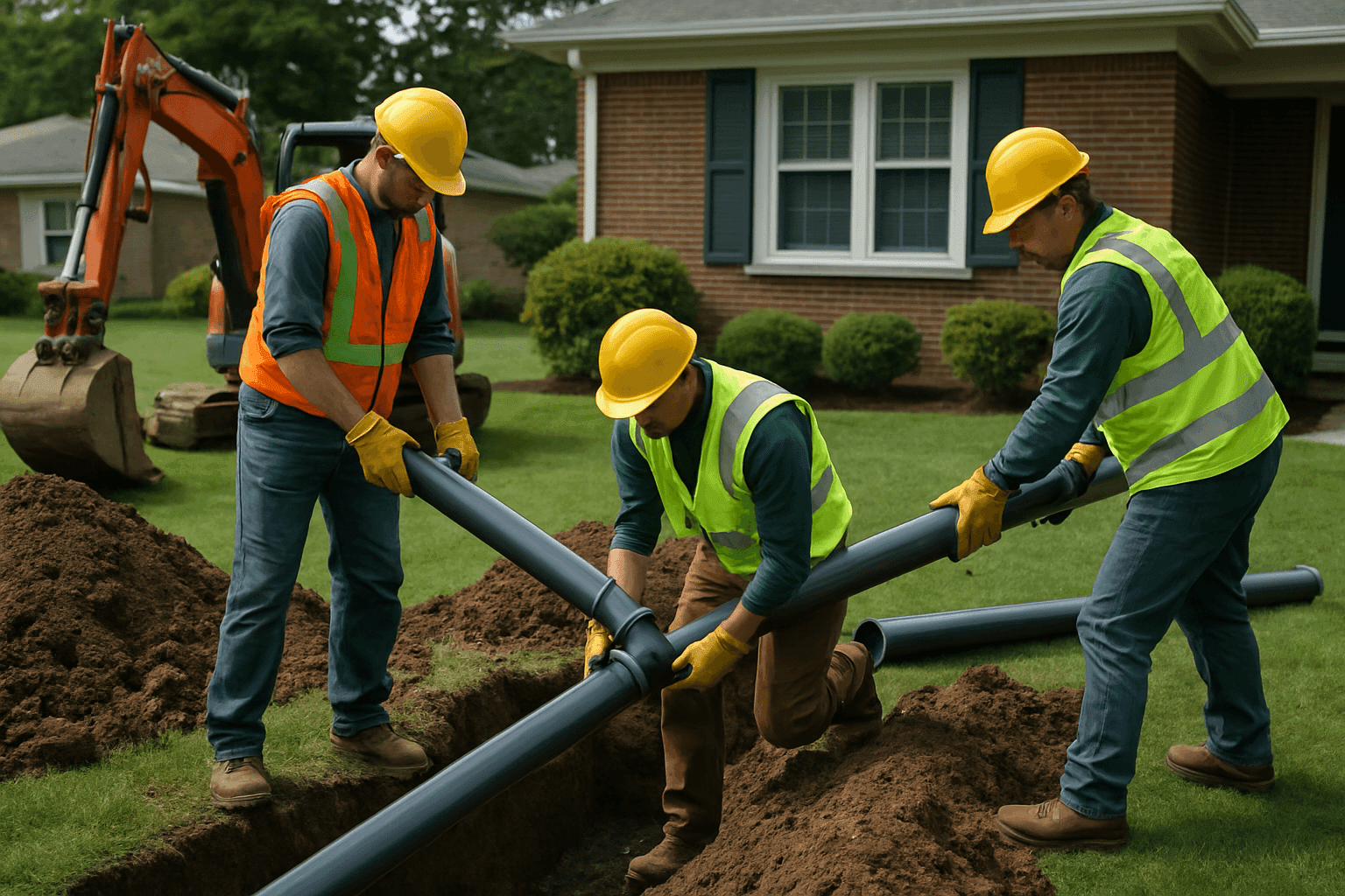 Crew installing new sewer line in residential yard