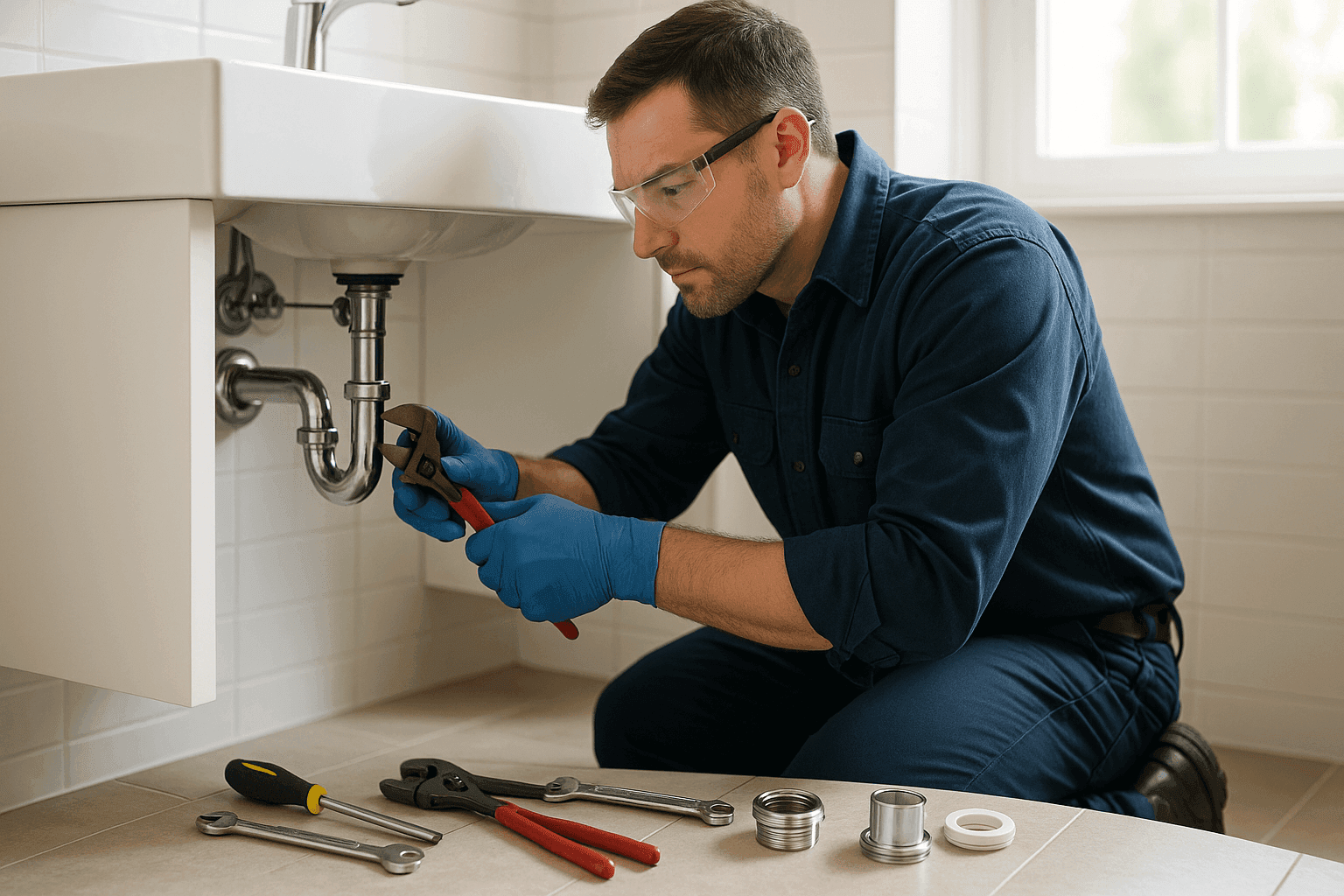 Plumber repairing bathroom sink drain