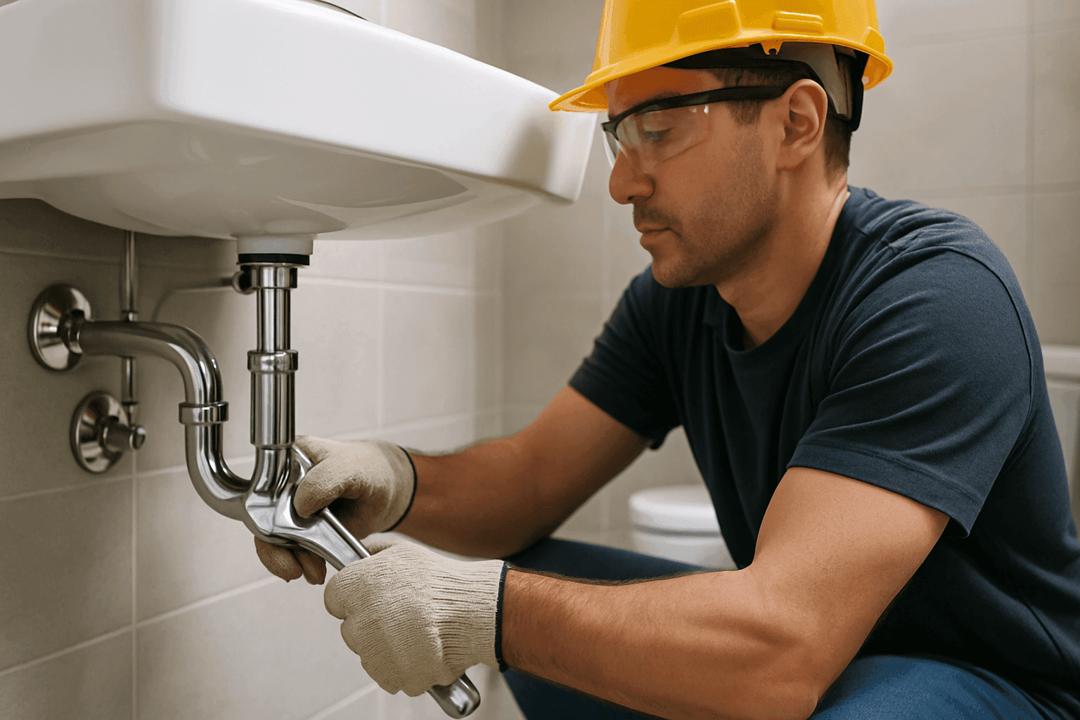 Plumber fixing leaking pipe under bathroom sink