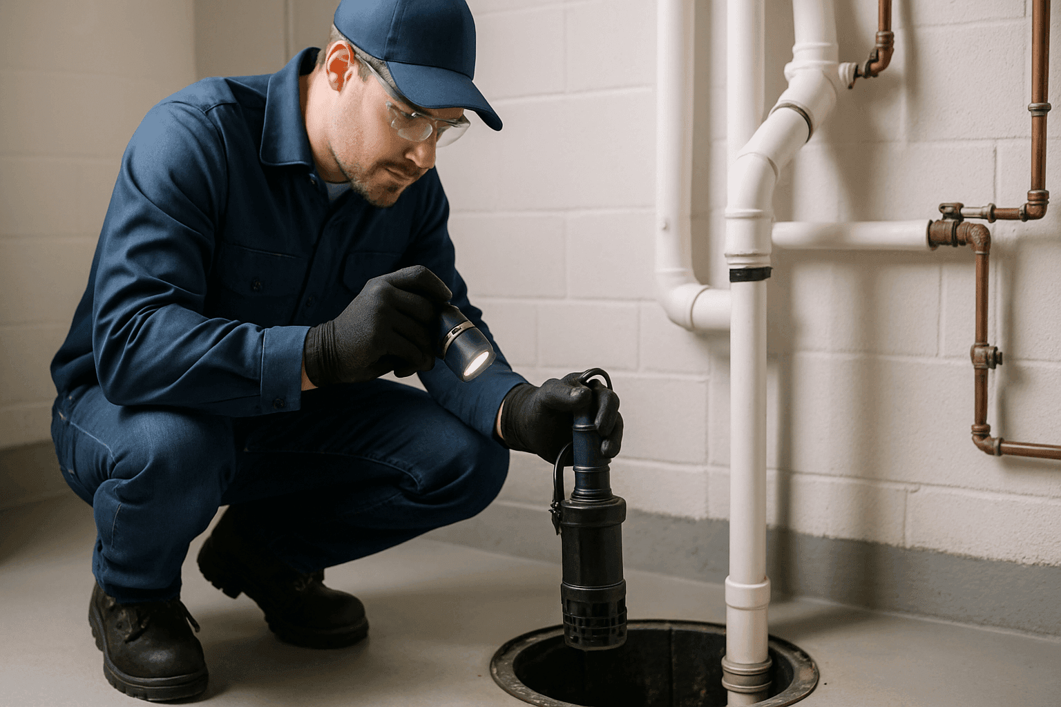 Plumber inspecting sump pump in residential basement