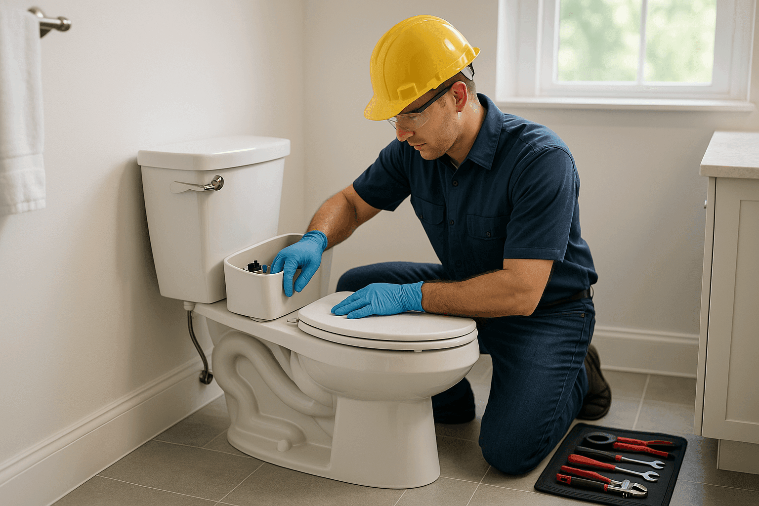 Plumber fixing leaking toilet in residential bathroom