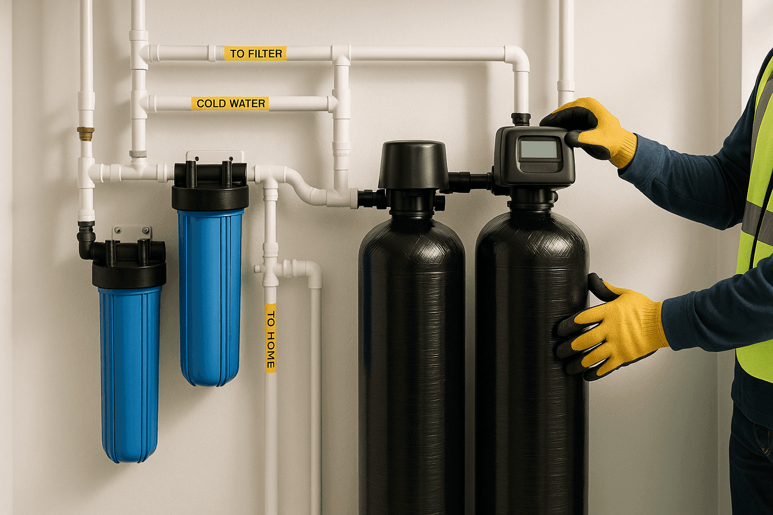 Residential water filtration system installed in utility room