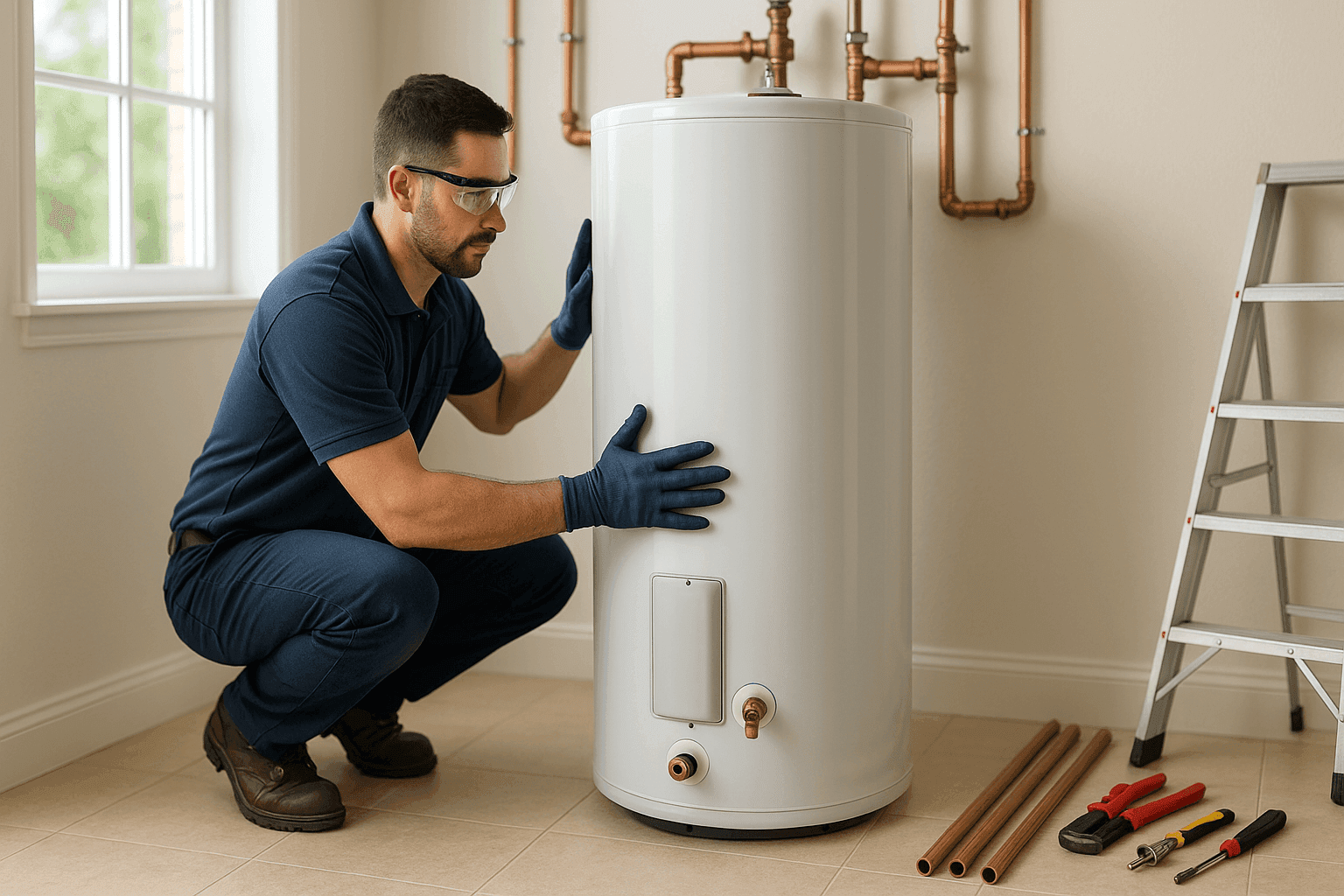 Technician installing new water heater in home utility room