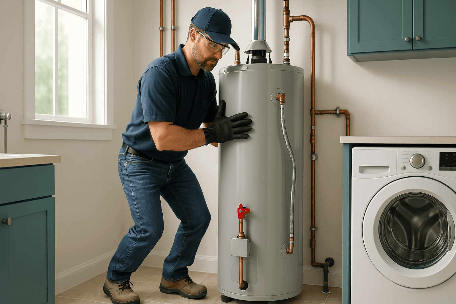 Technician installing new water heater in home utility room