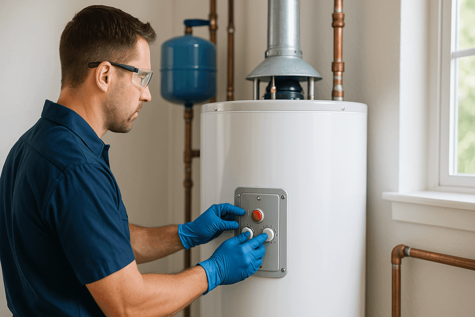 Plumber troubleshooting residential water heater in utility room