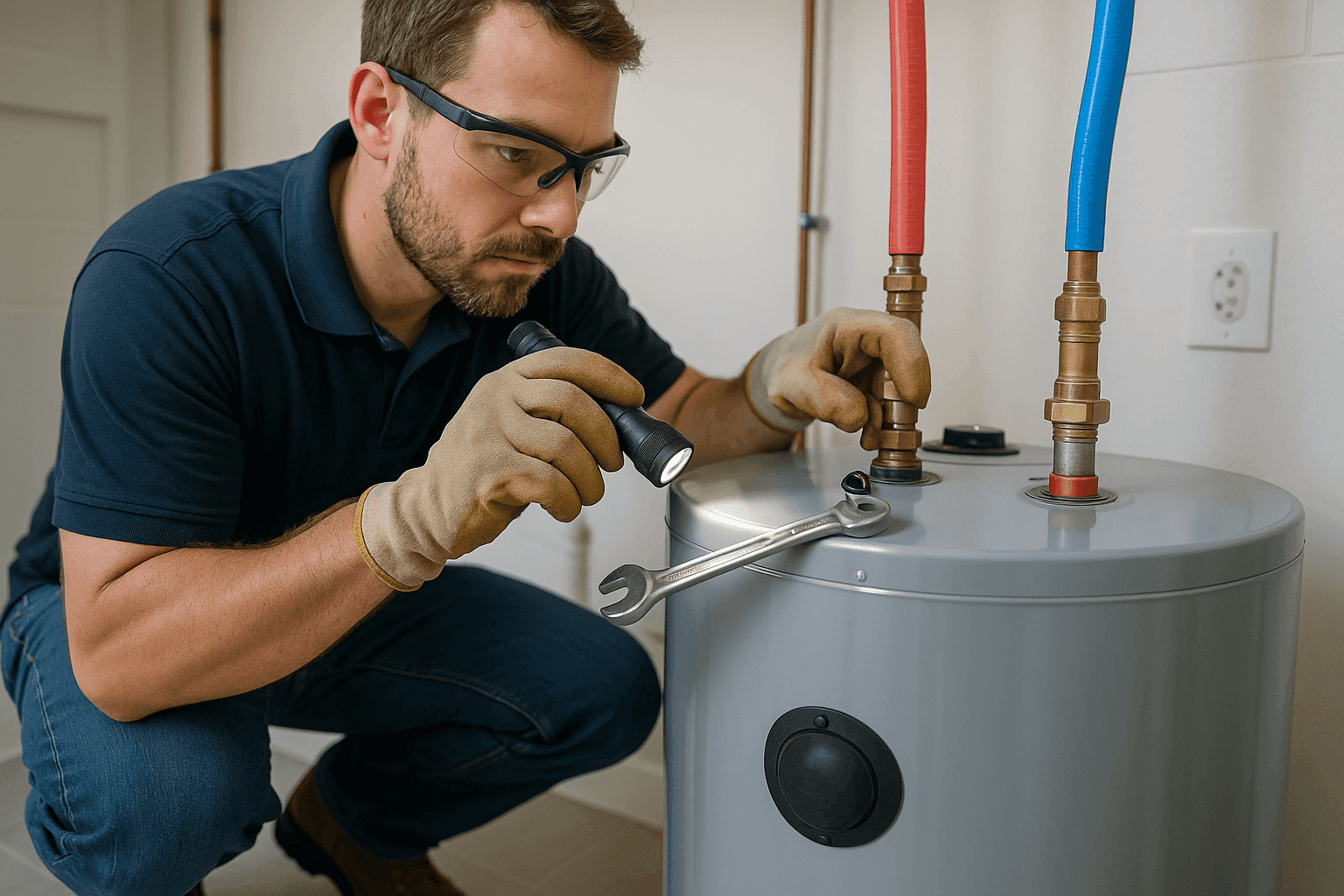 Plumber checking water heater for leaks